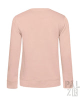 Hellrosa Rundhals-Sweatshirt mit gerippten Bündchen und Saum, wahrscheinlich aus Baumwolle oder Polyester-Mischung gefertigt.