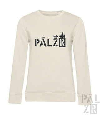 Cremeweißer Bio-Baumwoll-Sweatshirt mit ‚pälzr‘-Logo und Burgruinen-Silhouettendesign.