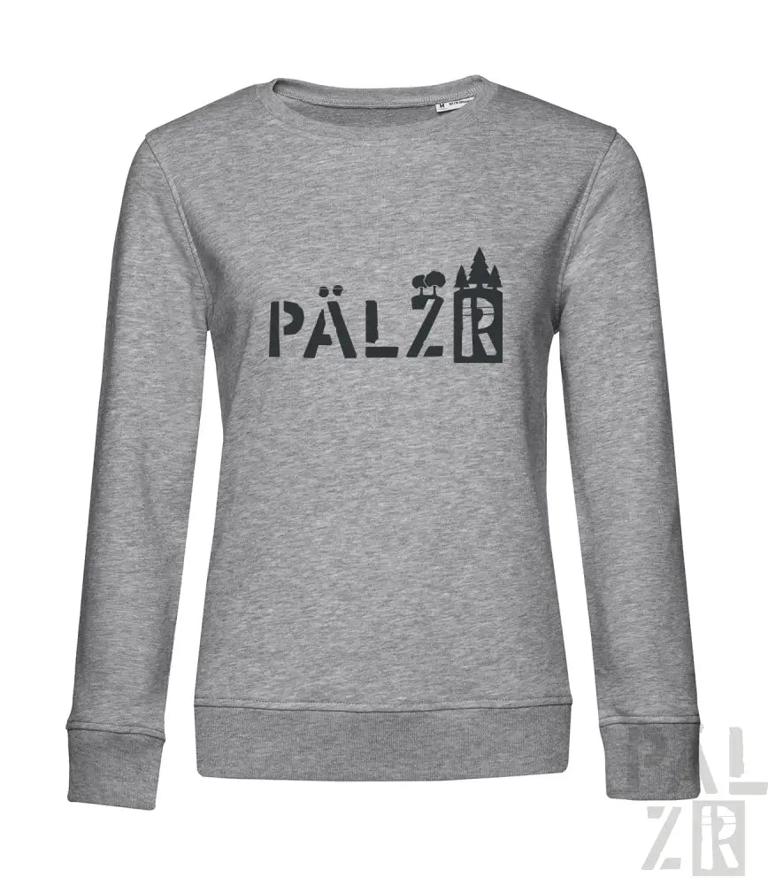 Heather grauer Sweatshirt mit ’pälzr’-Logo und Burgen-Design.