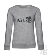 Heather grauer Sweatshirt mit ’pälzr’-Logo und Burgen-Design.