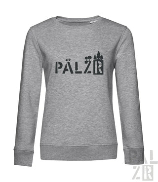 Heather grauer Sweatshirt mit ’pälzr’-Logo und Burgen-Design.