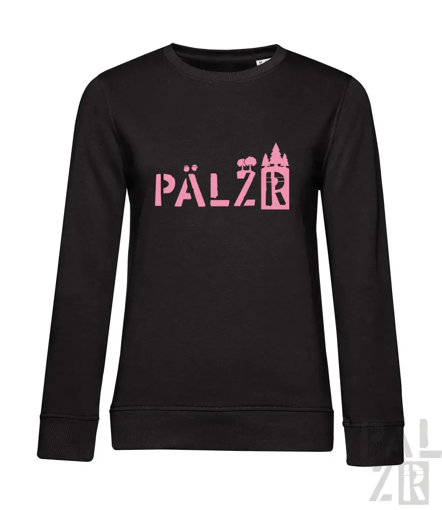 Schwarzes Sweatshirt mit pinkem ’pälzr’-Logo und Burgen-Design.