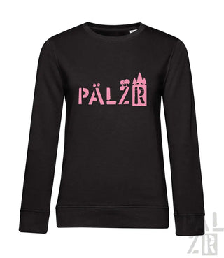 Schwarzes Sweatshirt mit pinkem ’pälzr’-Logo und Burgen-Design.