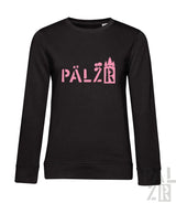 Schwarzes Sweatshirt mit pinkem ’pälzr’-Logo und Burgen-Design.