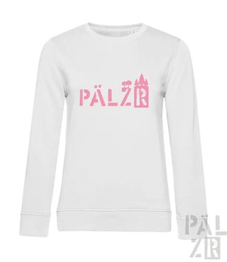 Weißes Sweatshirt mit pinkem ‚pälzr‘-Logo und Burgen-Design.