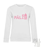 Weißes Sweatshirt mit pinkem ‚pälzr‘-Logo und Burgen-Design.