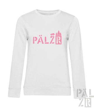 Weißes Sweatshirt mit pinkem ‚pälzr‘-Logo und Burgen-Design.