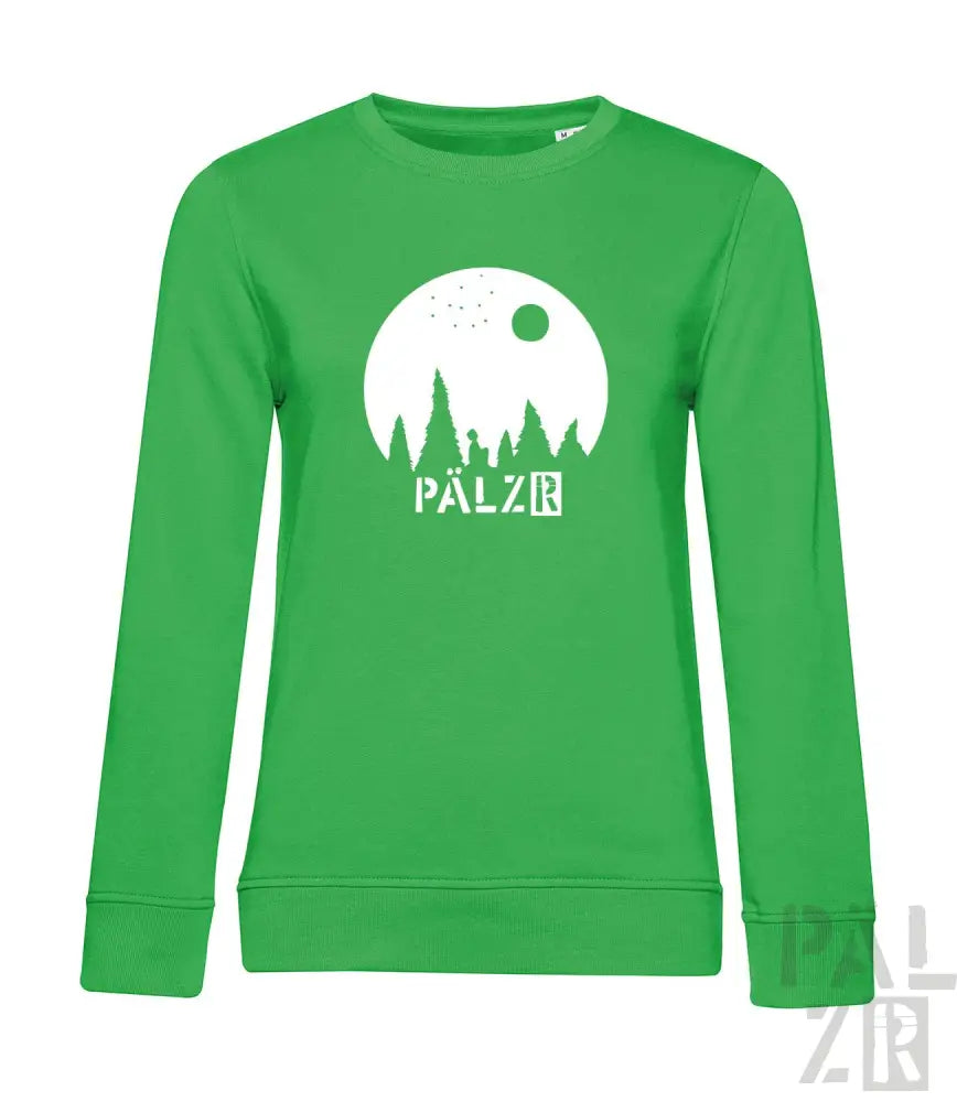 Grünes Bio-Baumwoll-Sweatshirt mit ‚pälzr‘-Logo und Wald-Silhouetten-Design.