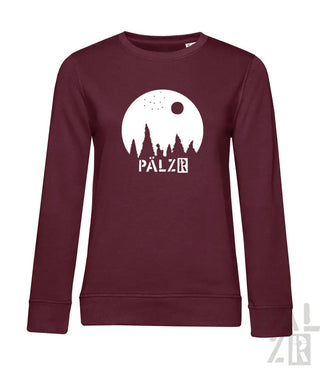 Bordeauxfarbene Bio-Baumwoll-Sweatshirt mit ’pälzr’-Design, das eine Silhouette von Bäumen und Vögeln vor dem Mond zeigt.