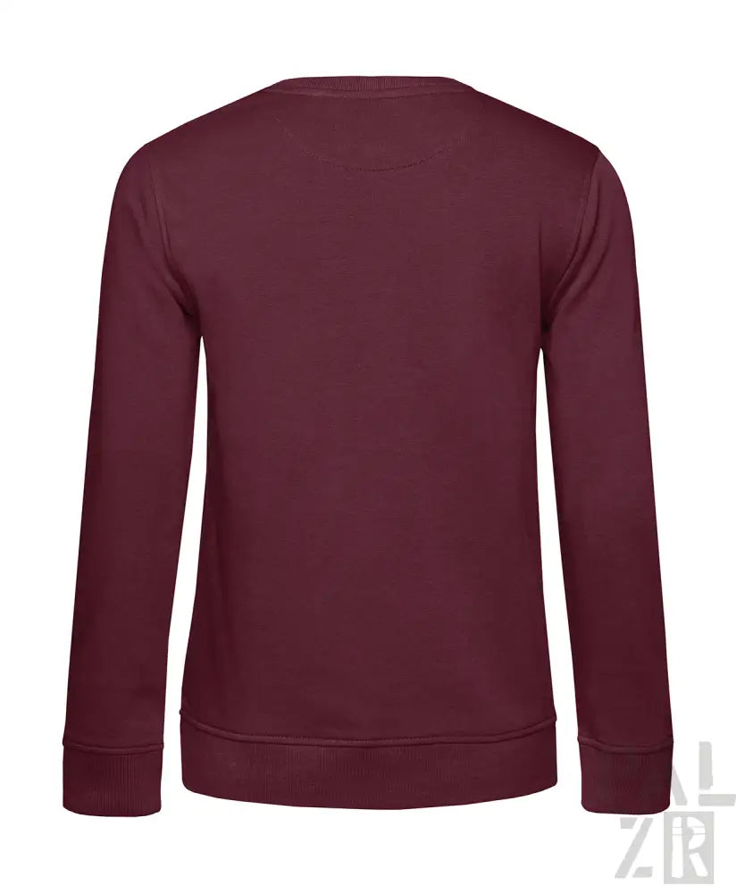 Bordeaux-Rundhals-Sweatshirt mit gerippten Bündchen und Saum, wahrscheinlich aus Baumwolle oder Polyester-Mischung gefertigt.