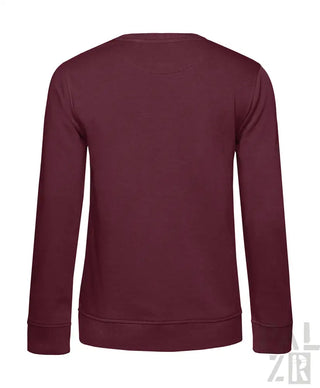 Bordeaux-Rundhals-Sweatshirt mit gerippten Bündchen und Saum, wahrscheinlich aus Baumwolle oder Polyester-Mischung gefertigt.