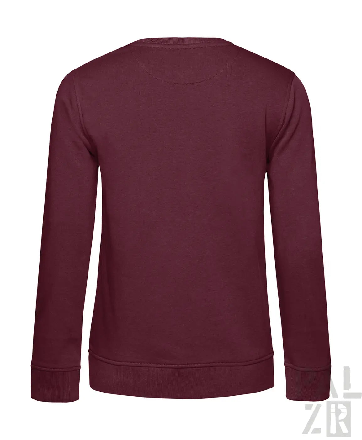 Bordeaux-Rundhals-Sweatshirt mit gerippten Bündchen und Saum, wahrscheinlich aus Baumwolle oder Polyester-Mischung gefertigt.