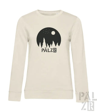 Cremeweiße Bio-Baumwoll-Sweatshirt mit schwarzem ’pälzr’-Logo und Wald-Silhouetten-Design.