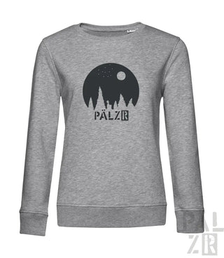 Heather grauer Sweatshirt mit schwarzem Grafikdesign, das eine Silhouette von Bäumen und das Wort ’palzr’ in fetter, abgenutzter Schrift zeigt.