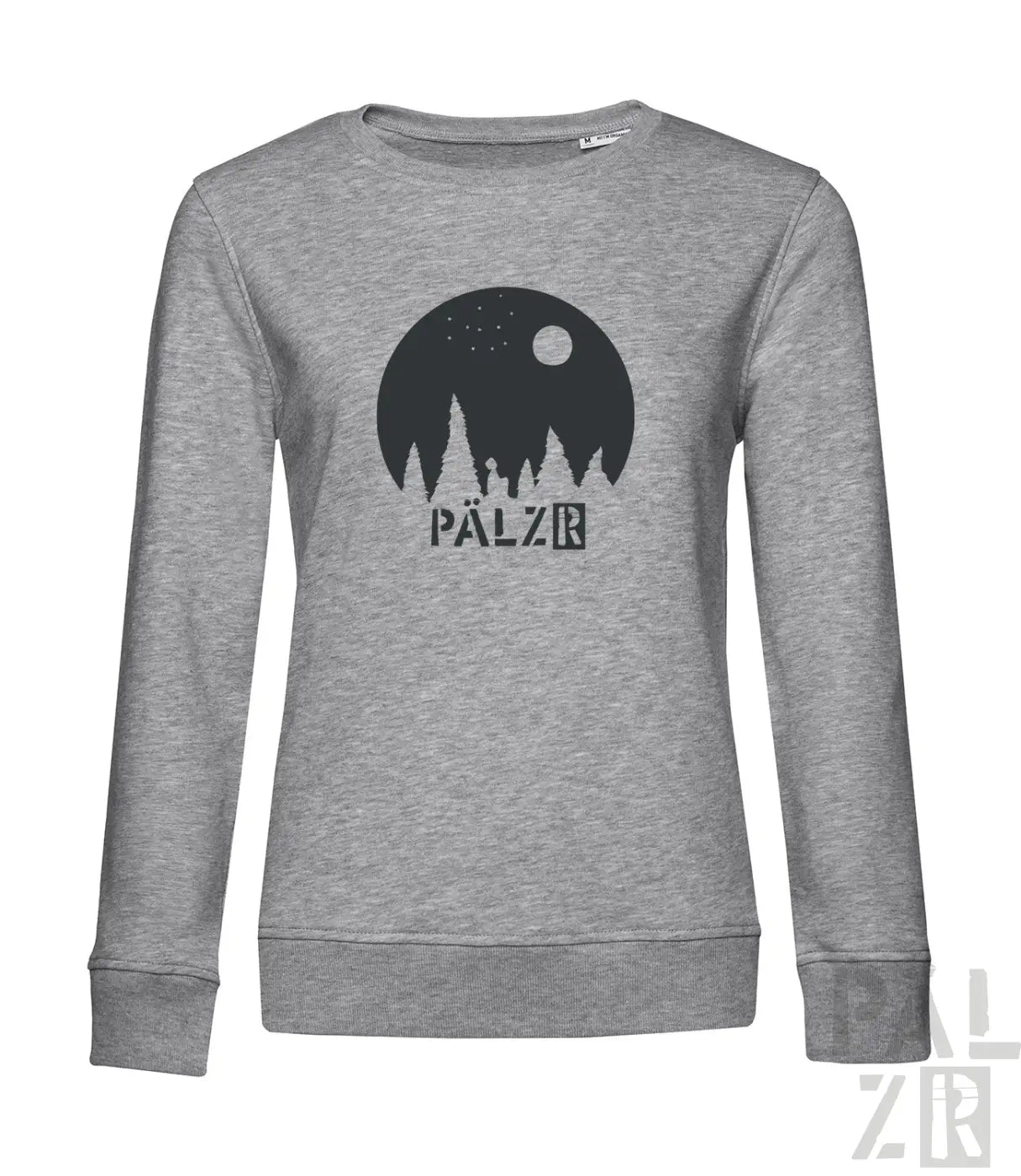 Heather grauer Sweatshirt mit schwarzem Grafikdesign, das eine Silhouette von Bäumen und das Wort ’palzr’ in fetter, abgenutzter Schrift zeigt.