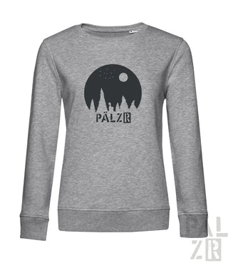 Heather grauer Sweatshirt mit schwarzem Grafikdesign, das eine Silhouette von Bäumen und das Wort ’palzr’ in fetter, abgenutzter Schrift zeigt.