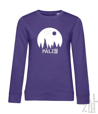Lila Sweatshirt mit weißem Waldmuster und Text ’pälzr’ auf der Vorderseite.