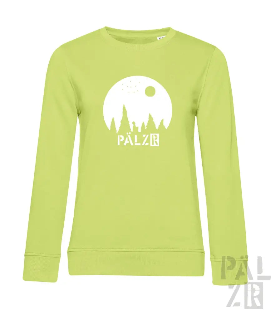 Limetgrünes Sweatshirt mit weißem ’pälzr’-Logo und Baum-Silhouetten-Design.
