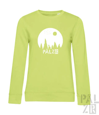 Limetgrünes Sweatshirt mit weißem ’pälzr’-Logo und Baum-Silhouetten-Design.