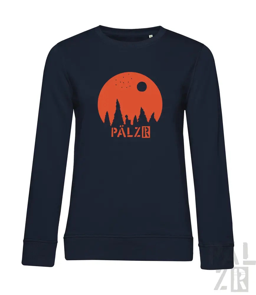 Marineblaues Sweatshirt mit orange- und weißem Design, das eine Silhouette von Bäumen, Mond und dem Text „pälzr“ in fetten Buchstaben zeigt.