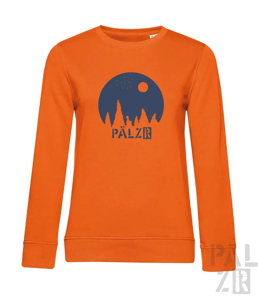 Oranger Hoodie mit ‚pälzr‘-Logo und Baum-Design auf der Vorderseite.