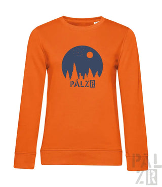 Oranger Hoodie mit ‚pälzr‘-Logo und Baum-Design auf der Vorderseite.