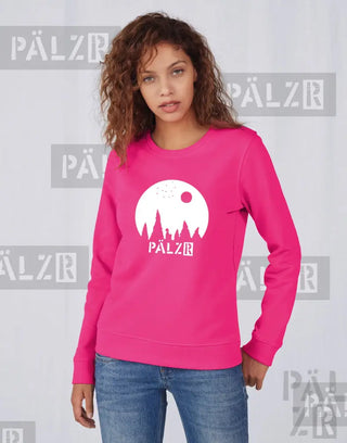 Rosa Langarm-Sweatshirt mit ’pälzr’-Logo und Silhouettendesign.