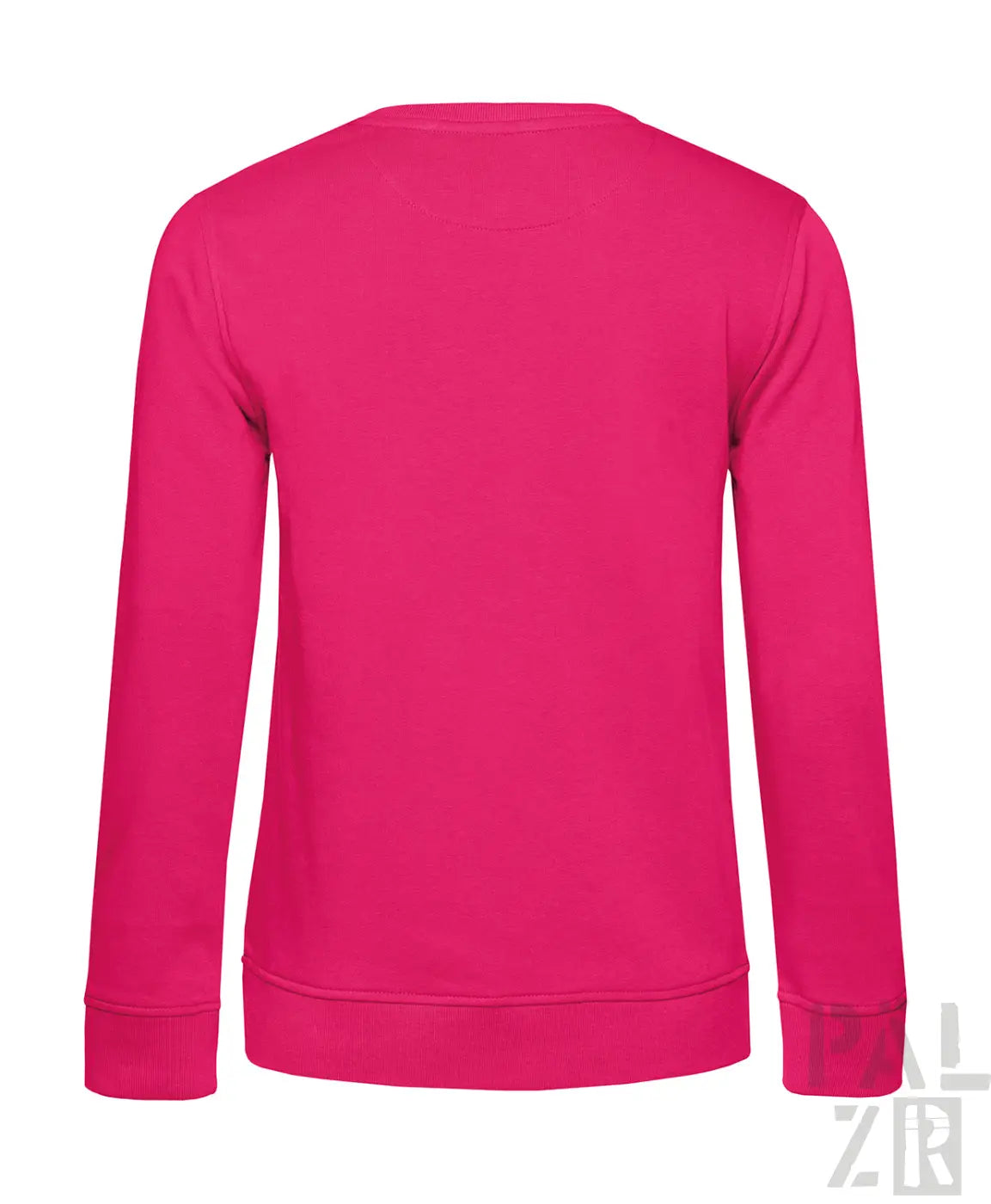 Heißrosa Rundhals-Sweatshirt mit gerippten Bündchen und Saum, wahrscheinlich aus Baumwolle oder Polyester-Mischung gefertigt.