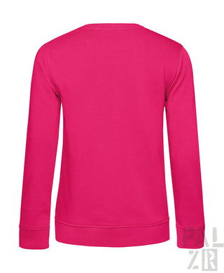 Heißrosa Rundhals-Sweatshirt mit gerippten Bündchen und Saum, wahrscheinlich aus Baumwolle oder Polyester-Mischung gefertigt.