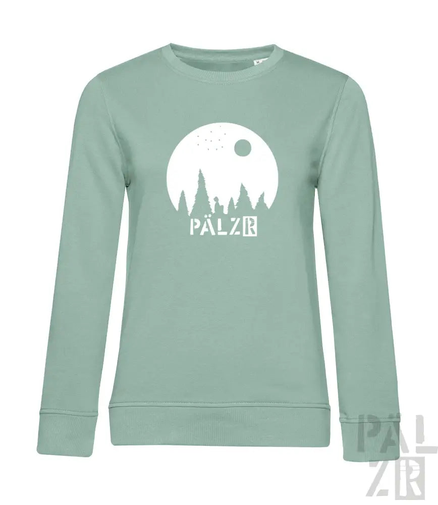 Mintedgrüner Bio-Baumwoll-Sweatshirt mit ‚pälzr‘-Design, das eine Silhouette von Bäumen und Gebäuden vor dem Mond zeigt.