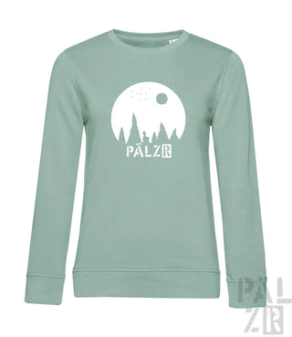 Mintedgrüner Bio-Baumwoll-Sweatshirt mit ‚pälzr‘-Design, das eine Silhouette von Bäumen und Gebäuden vor dem Mond zeigt.
