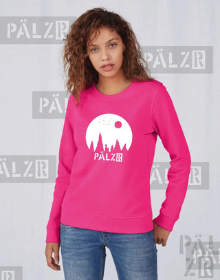Rosa Langarm-Sweatshirt mit ’pälzr’ Logo und Silhouetten-Design.
