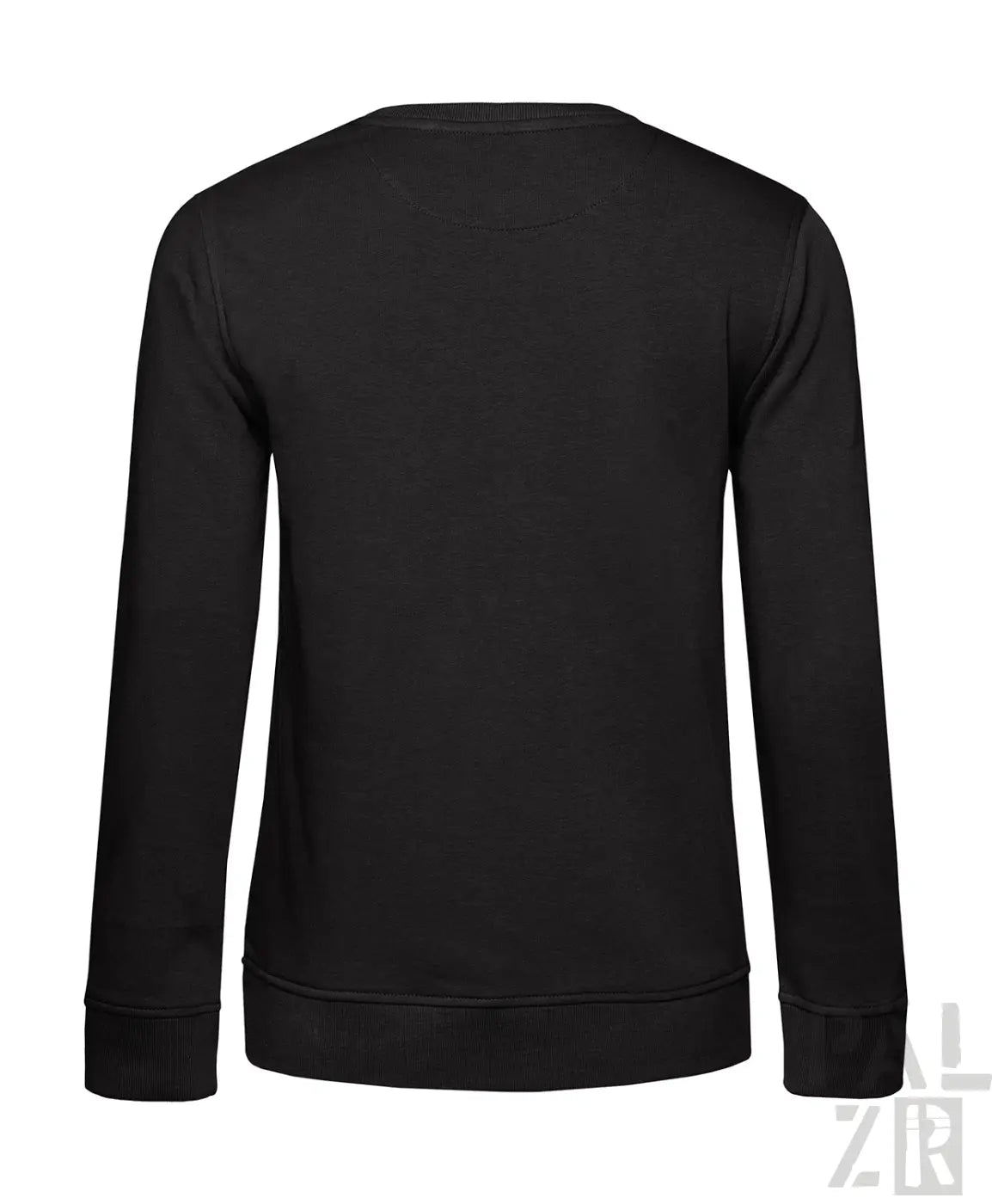 Schwarzes Rundhals-Sweatshirt mit gerippten Bündchen und Saum, wahrscheinlich aus Baumwolle oder Polyester-Mischung gefertigt.