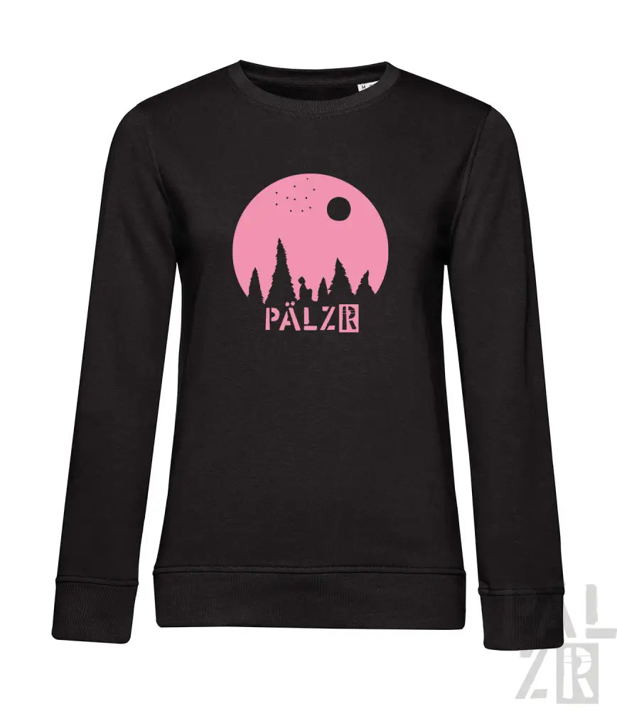 Schwarzes Sweatshirt mit Design aus pinkem Mond und Bäumen, Logo ’pälzr’.