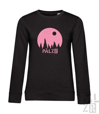 Schwarzes Sweatshirt mit Design aus pinkem Mond und Bäumen, Logo ’pälzr’.