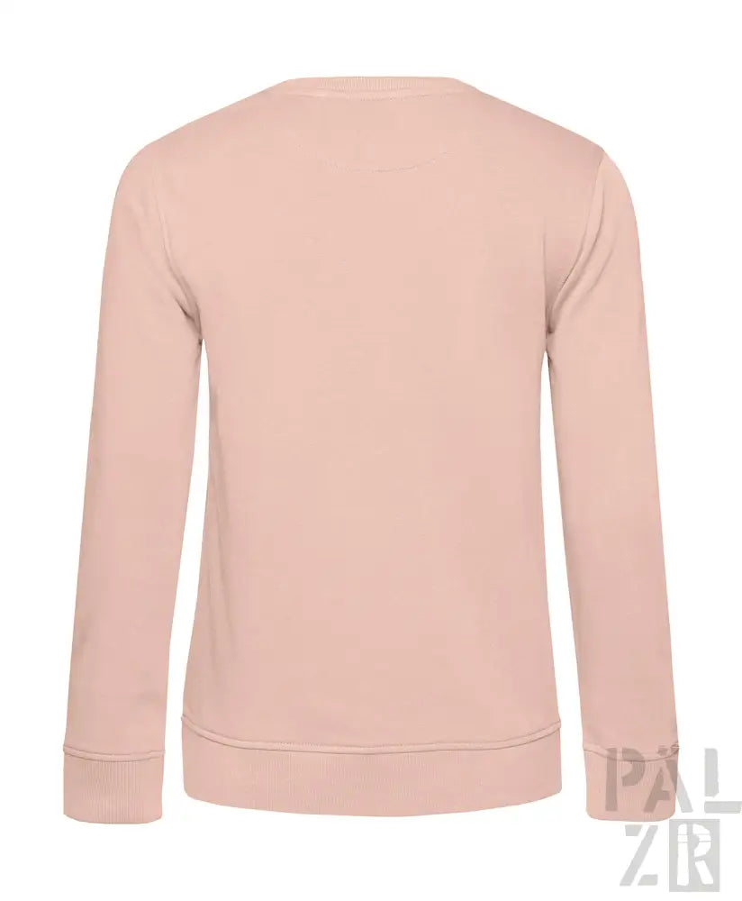 Hellrosa Rundhals-Sweatshirt mit gerippten Bündchen und Saum, wahrscheinlich aus Baumwolle oder Polyester-Mischung gefertigt.