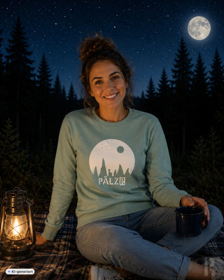 Frauen pulli sternegugger in weichem salbeigrün mit weißem kreis und waldmotiv palz schriftzug