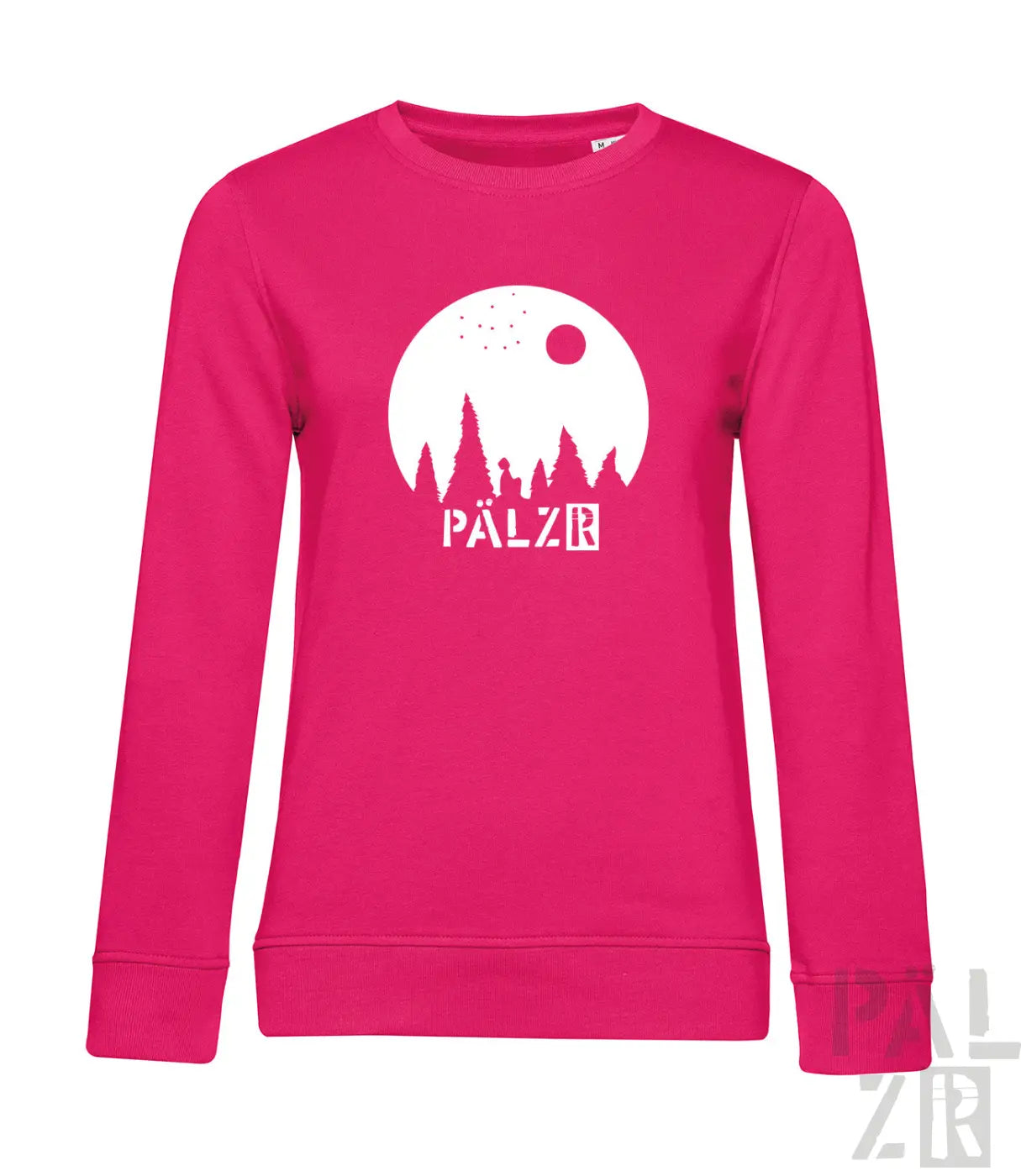 Vibranter pinker frauen langarm sweatshirt mit weißem mondgrafik und pälzr schriftzug sternegugger kollektion