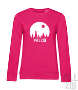 Vibranter pinker frauen langarm sweatshirt mit weißem mondgrafik und pälzr schriftzug sternegugger kollektion