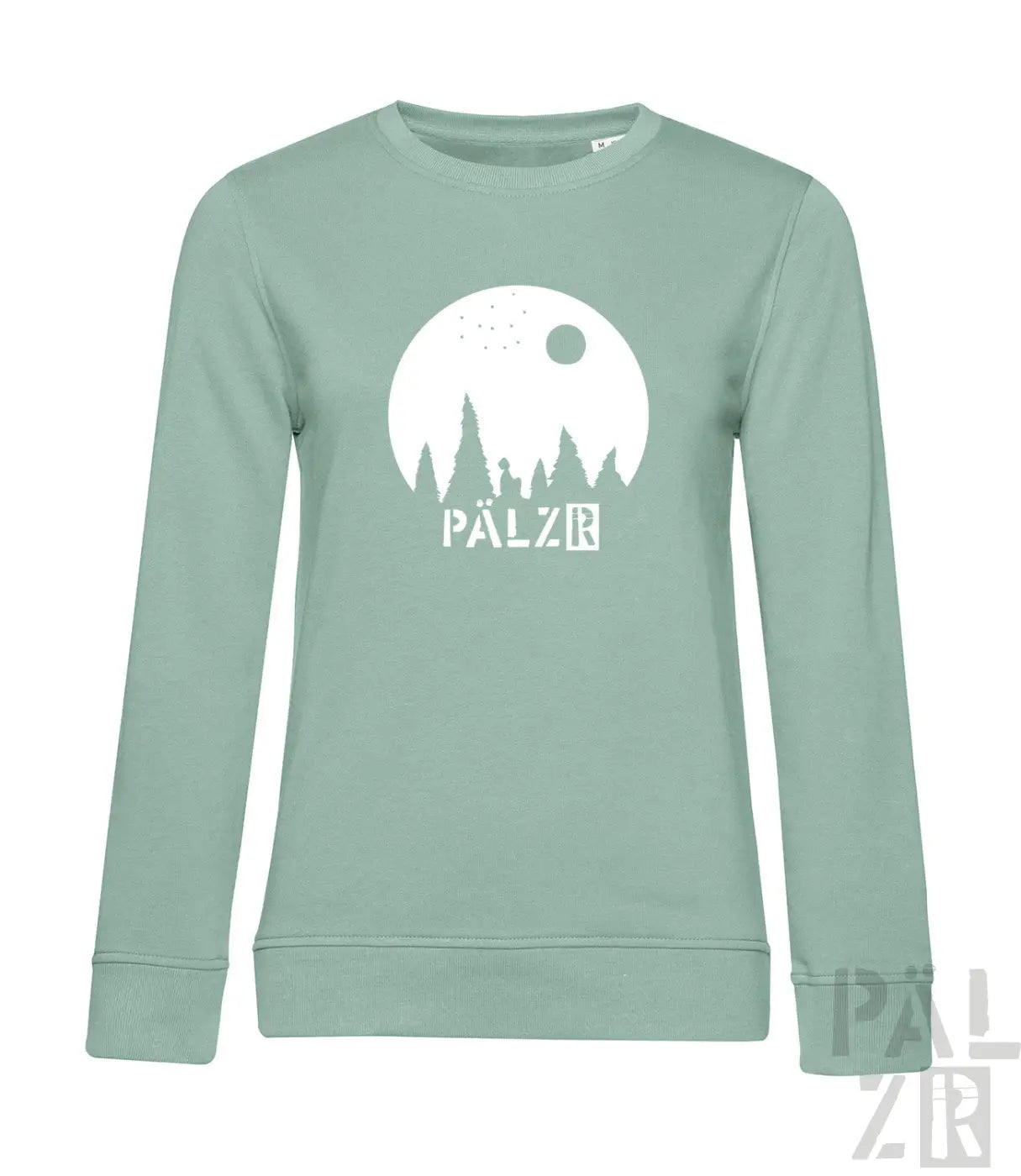 Frauen pulli sternegugger in minzgrün mit weißem mond und baum grafik und pälzr schriftzug vorne