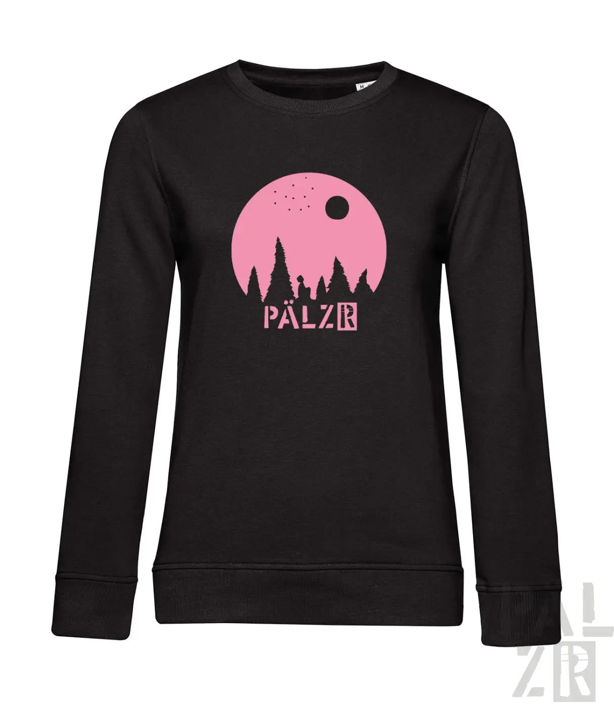 Schwarzer frauen pulli aus sweatshirtstoff mit pinkem kreis und baumsilhouette plus pälzr logo