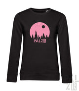 Schwarzer frauen pulli aus sweatshirtstoff mit pinkem kreis und baumsilhouette plus pälzr logo