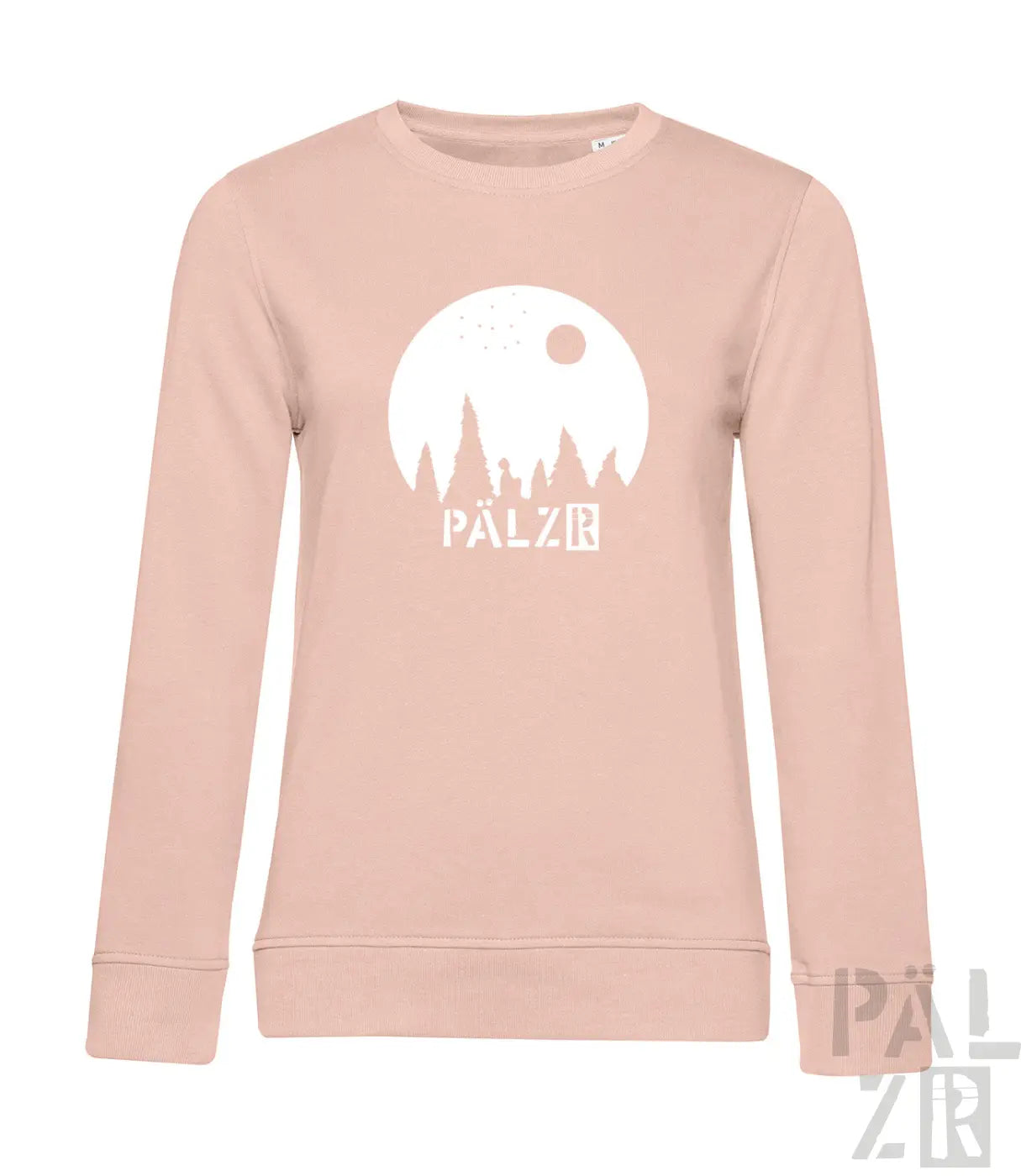 Frauen pulli in weich blush pink mit weißem mond-gebirgsgrafik und schriftzug pälzr auf der vorderseite