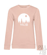 Frauen pulli in weich blush pink mit weißem mond-gebirgsgrafik und schriftzug pälzr auf der vorderseite