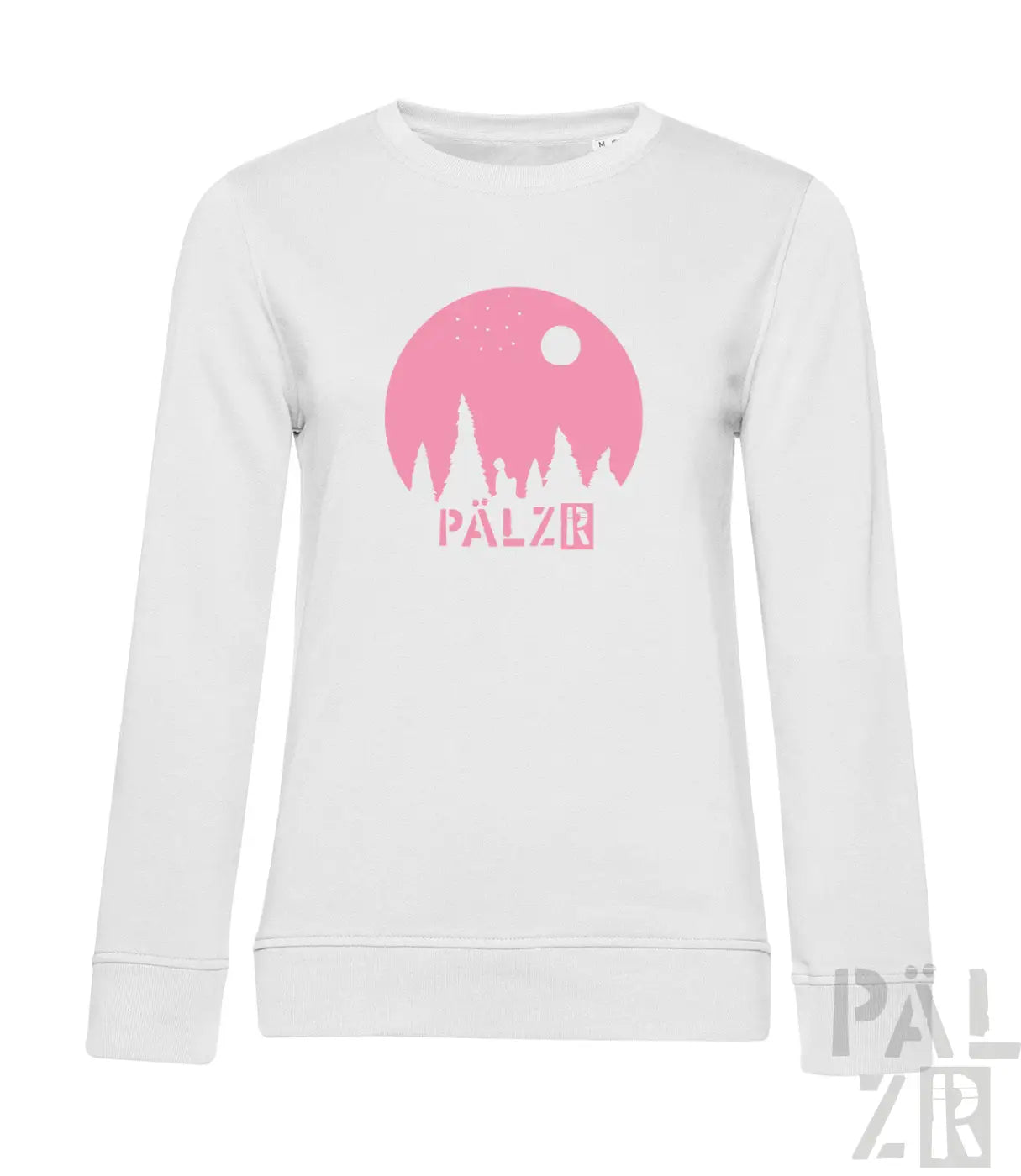 Weißer damenpullover mit langärmeln und pinkem kreisgrafik mit bergsilhouette und pälzr schriftzug