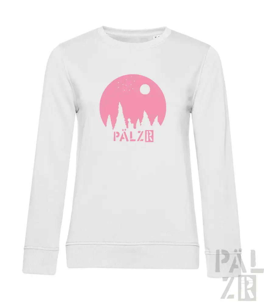 Weißer Hoodie mit Design aus rosa Mond und Bäumen, Text ’pälzr’