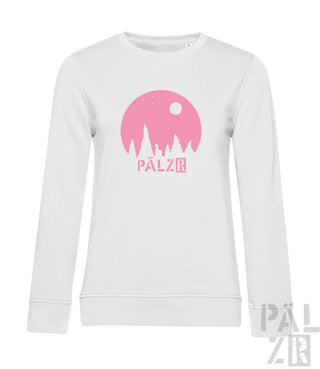 Weißer Hoodie mit Design aus rosa Mond und Bäumen, Text ’pälzr’