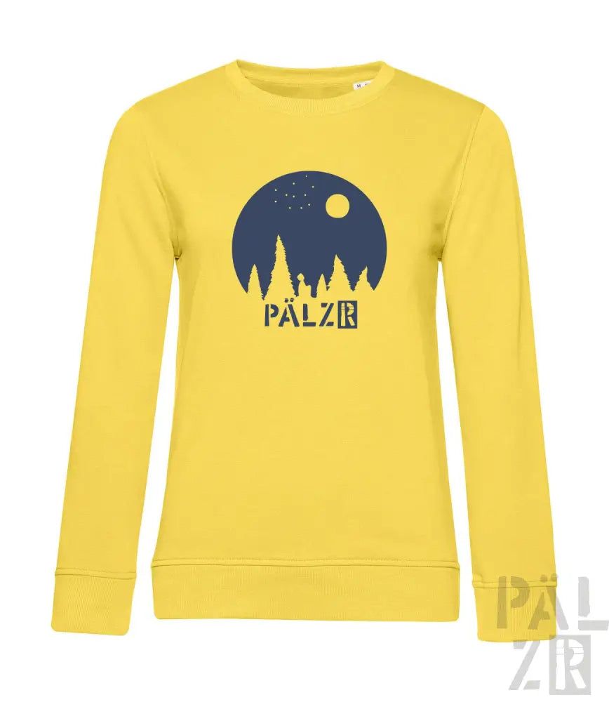 Gelbes Bio-Baumwoll-Sweatshirt mit ’pälzr’-Logo und Wald-Design.