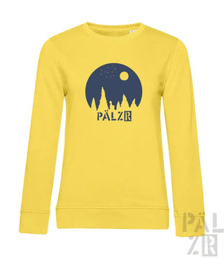 Gelbes Bio-Baumwoll-Sweatshirt mit ’pälzr’-Logo und Wald-Design.