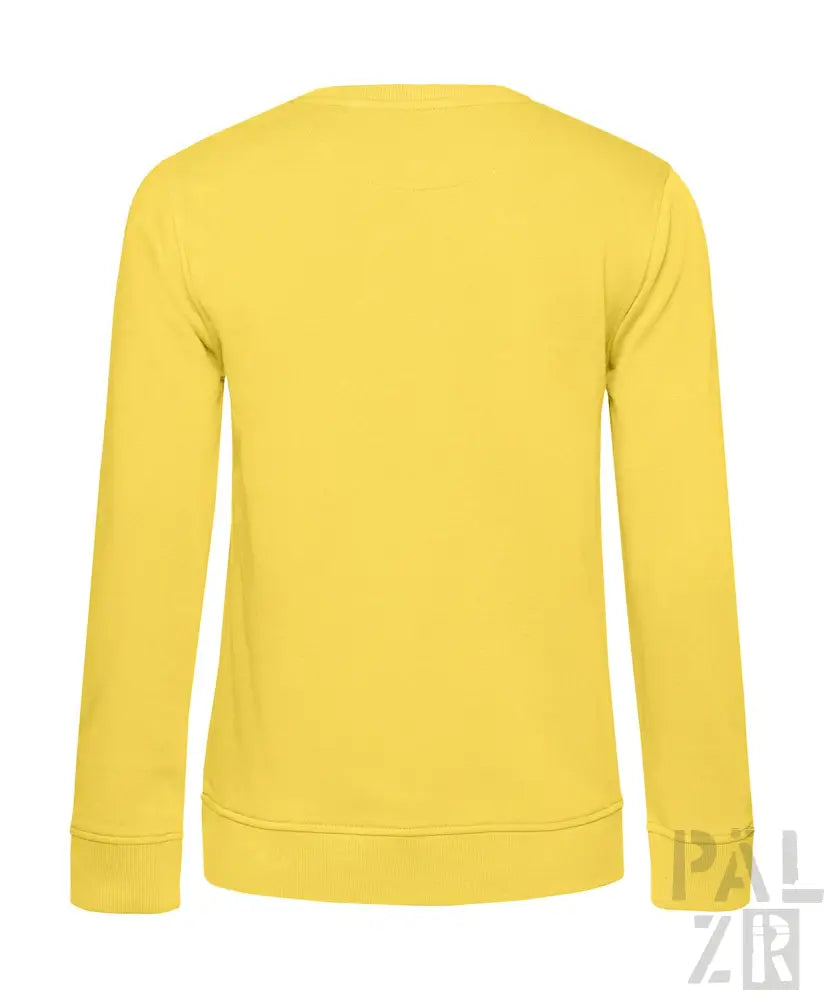 Gelber Crewneck-Sweatshirt mit gerippten Bündchen und Saum, wahrscheinlich aus Baumwolle oder Polyester-Mischung gefertigt.